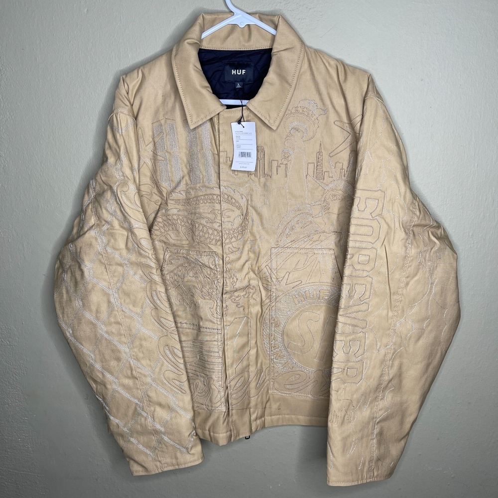 New HUF 20TH Embroidered Bomber Jacket Size Large Khaki Brown $375